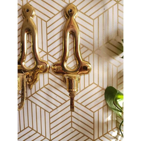 Vintage Pair Gold Brass Sconces Wall Hanging Candle Holder 11” With Plate Holder - Picture 6 of 12